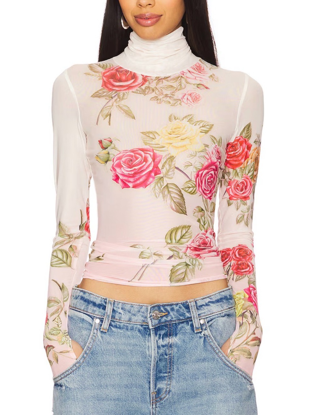 Floral Turtleneck Long Sleeve Top - Zadie Mesh Top in Falling Roses